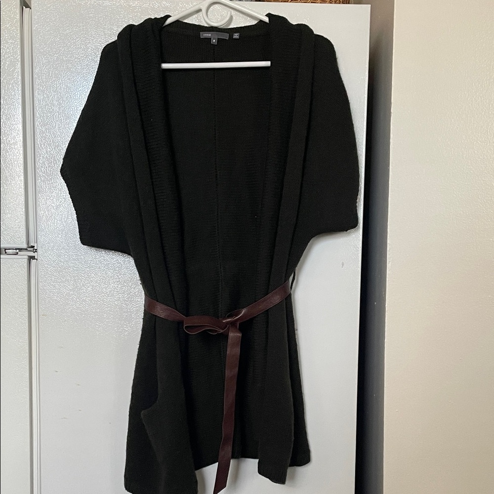 Vince Dark Green Med Wool Lama Short Sleeve‎ Cardigan Brown Faux Leather Belt